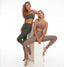 Models wearing Rozal Active PowerFlex high waist leggings and corset bras in beige and green, showcasing sculpting fit and sustainable activewear design for yoga, gym, and Pilates.