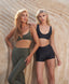 Rozal Active PowerFlex sports bra collection – premium sustainable bras in Nero black, Moss green, and Toffee beige for yoga, pilates, and gym workouts