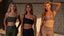 Rozal Active models wearing sustainable gym and yoga activewear – corset bra and leggings in moss green, one shoulder bra and shorts in black nero, low cut bra and leggings in toffee beige