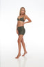 Three-quarter left view of Moss Green Deep V Bra – Rozal Active, stylish cut