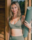 Rozal Active PowerFlex Moss green Low Cut Bra and High Waist Leggings – bold, high-function activewear for mindful yoga movement.